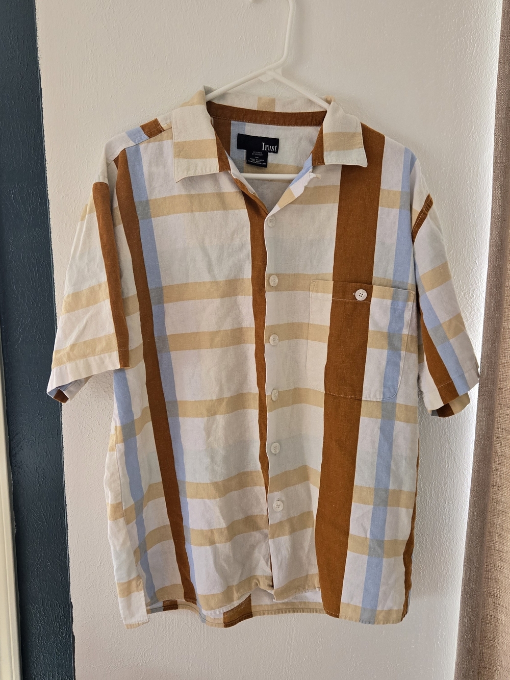Trust - Short Sleeve Plaid Shirt in Brown & Blue Linen Blend